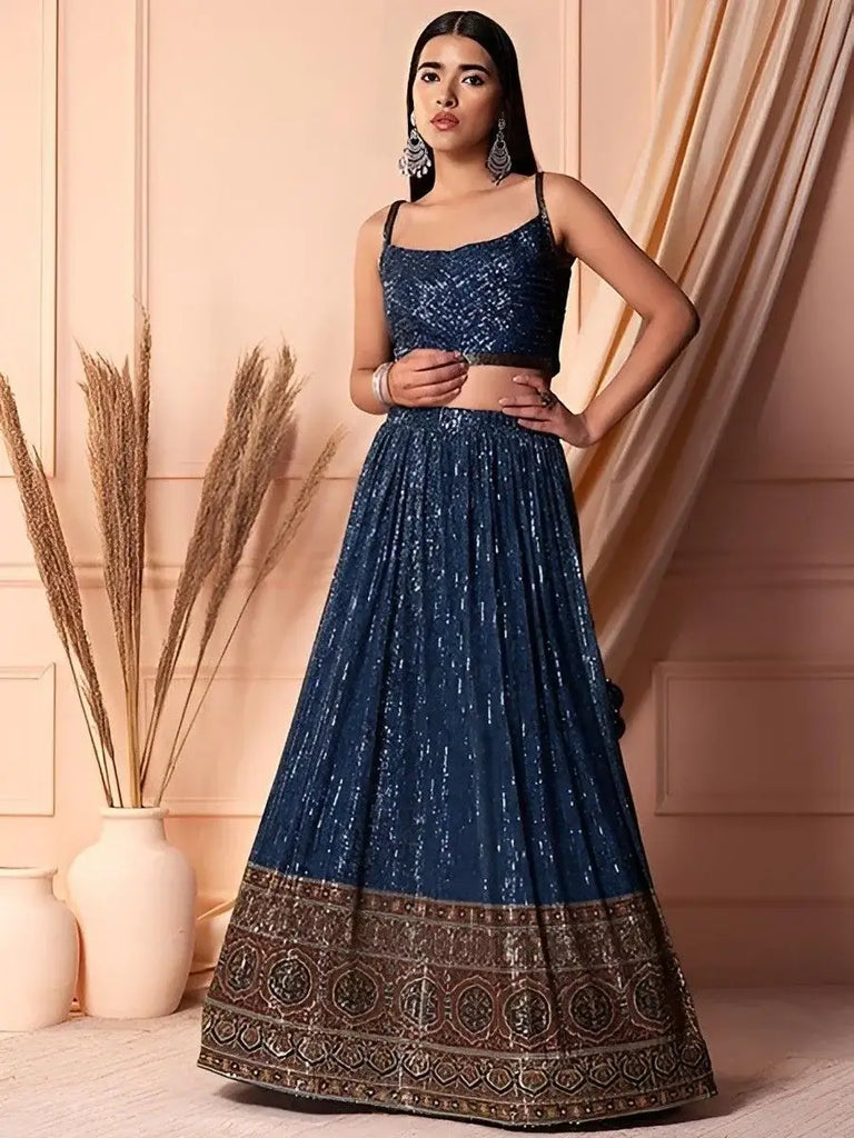 Wonderful Navy Blue Sequins Net Party Wear Lehenga Choli With Dupatta