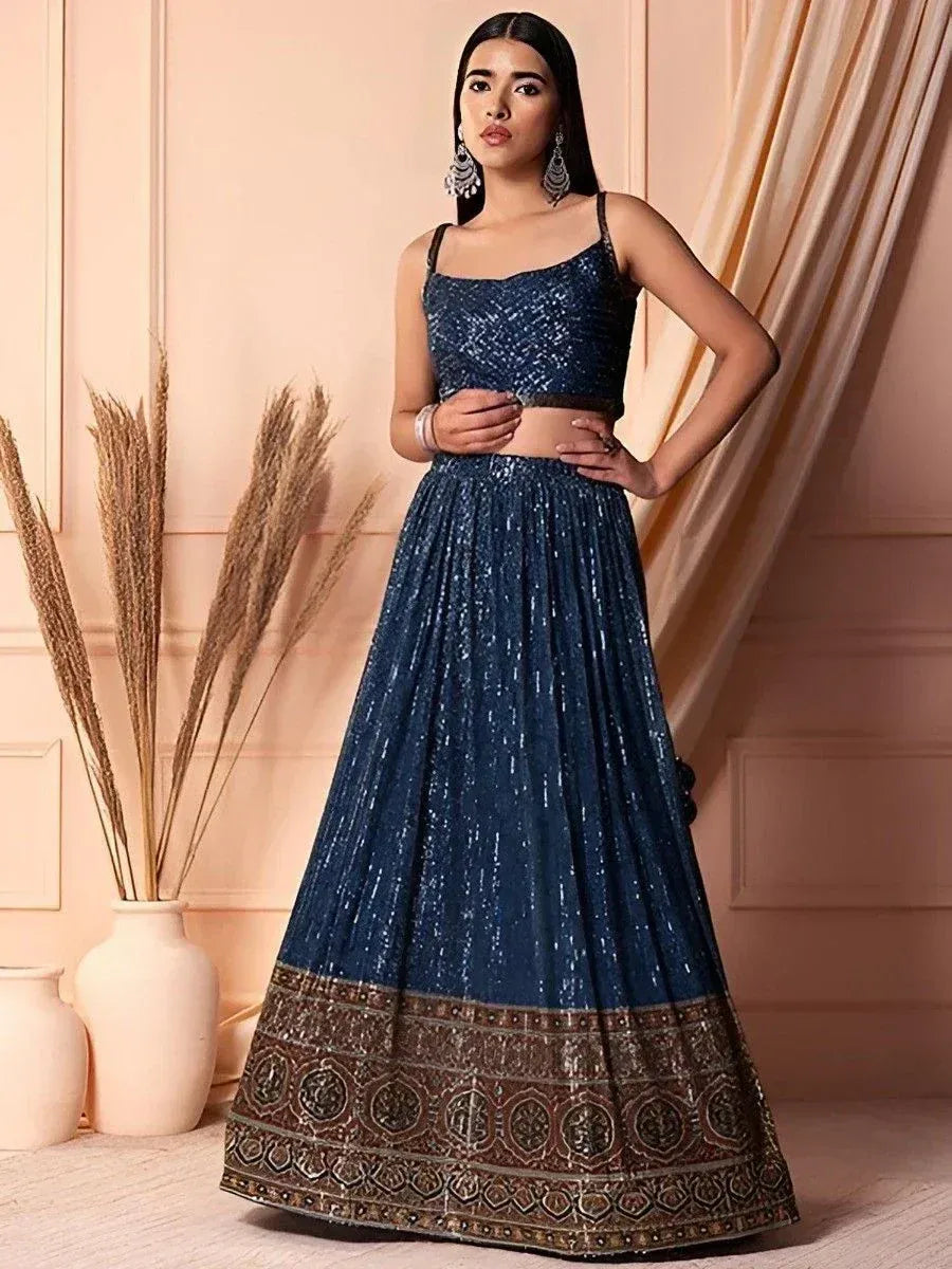 Blue sequin lehenga choli with embroidered border, ethnic Indian wear for women