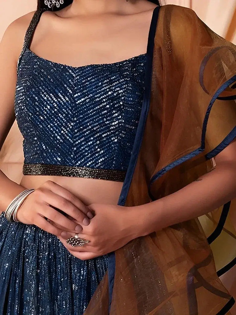Wonderful Navy Blue Sequins Net Party Wear Lehenga Choli With Dupatta