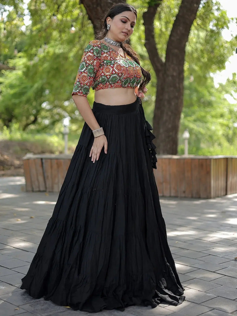 Adorable Black Embroidered Rayon Navratri Lehenga Choli - Ethnic Plus In