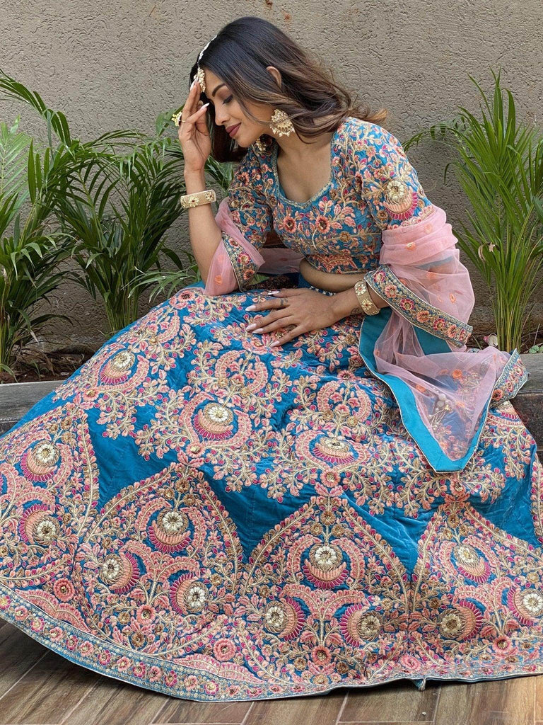 Adorable Blue Embroidered Velvet Wedding Lehenga Choli With Dupatta - Ethnic Plus In