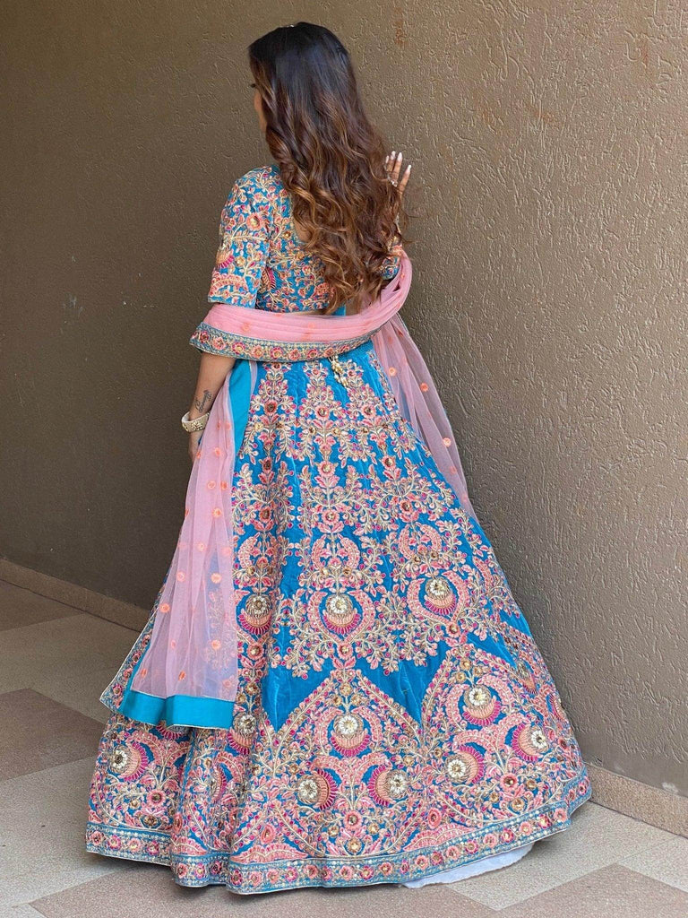 Adorable Blue Embroidered Velvet Wedding Lehenga Choli With Dupatta - Ethnic Plus In