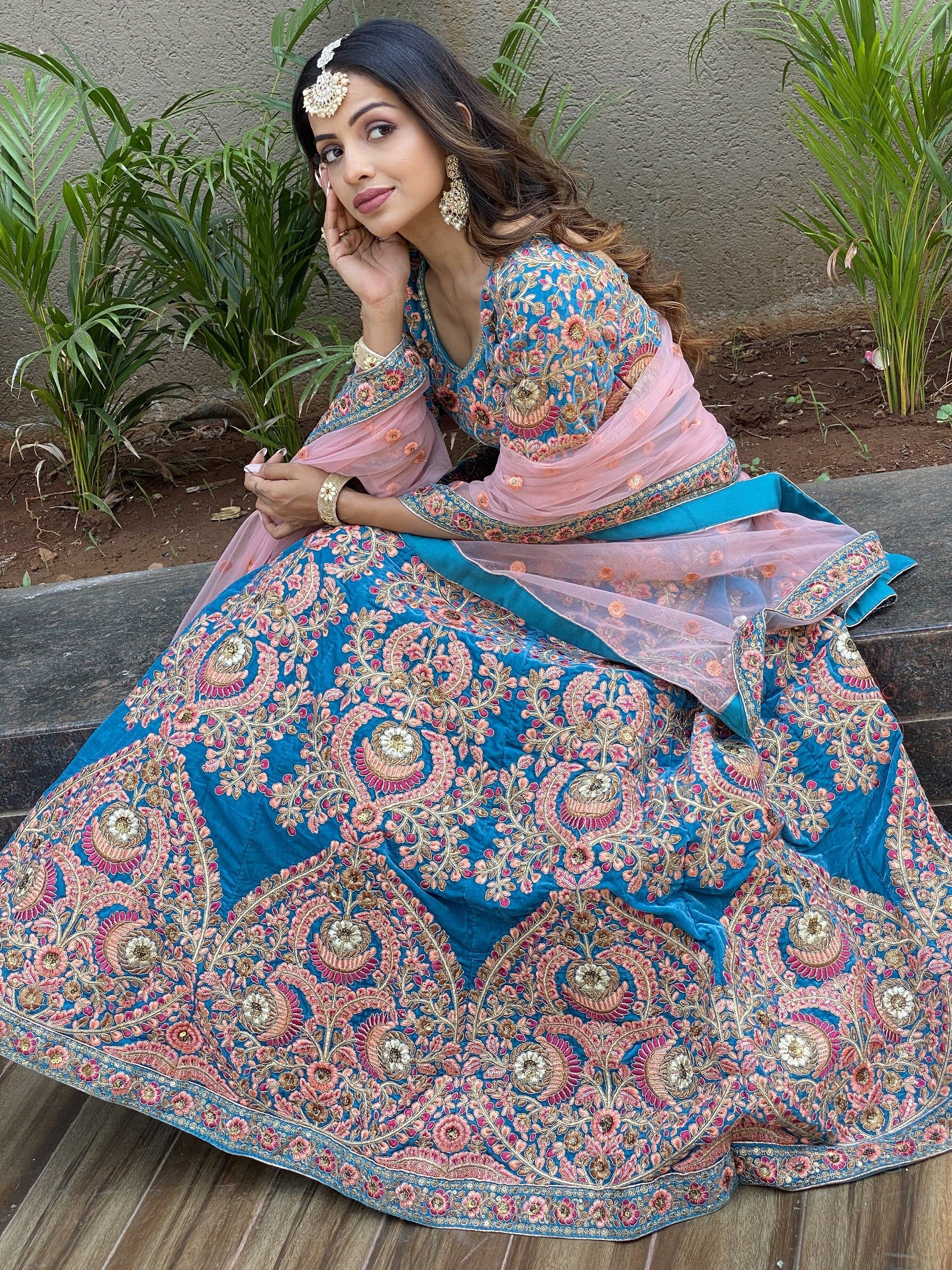 Blue floral embroidered lehenga choli with pink dupatta, Indian ethnic wear for weddings and festivals