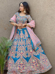 Adorable Blue Embroidered Velvet Wedding Lehenga Choli With Dupatta - Ethnic Plus In
