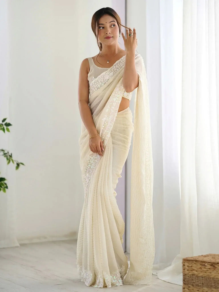 Adorable Cream Georgette Embroidered Event Wear Saree With Blouse - Ethnic Plus In