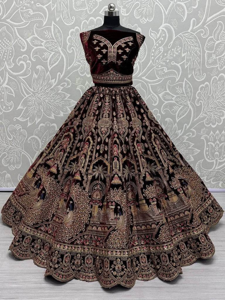 Adorable Dark Maroon Velvet Bridal Lehenga Choli With Double Dupatta - Ethnic Plus In
