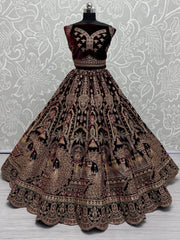 Adorable Dark Maroon Velvet Bridal Lehenga Choli With Double Dupatta - Ethnic Plus In