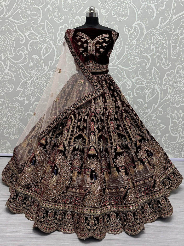 Adorable Dark Maroon Velvet Bridal Lehenga Choli With Double Dupatta - Ethnic Plus In