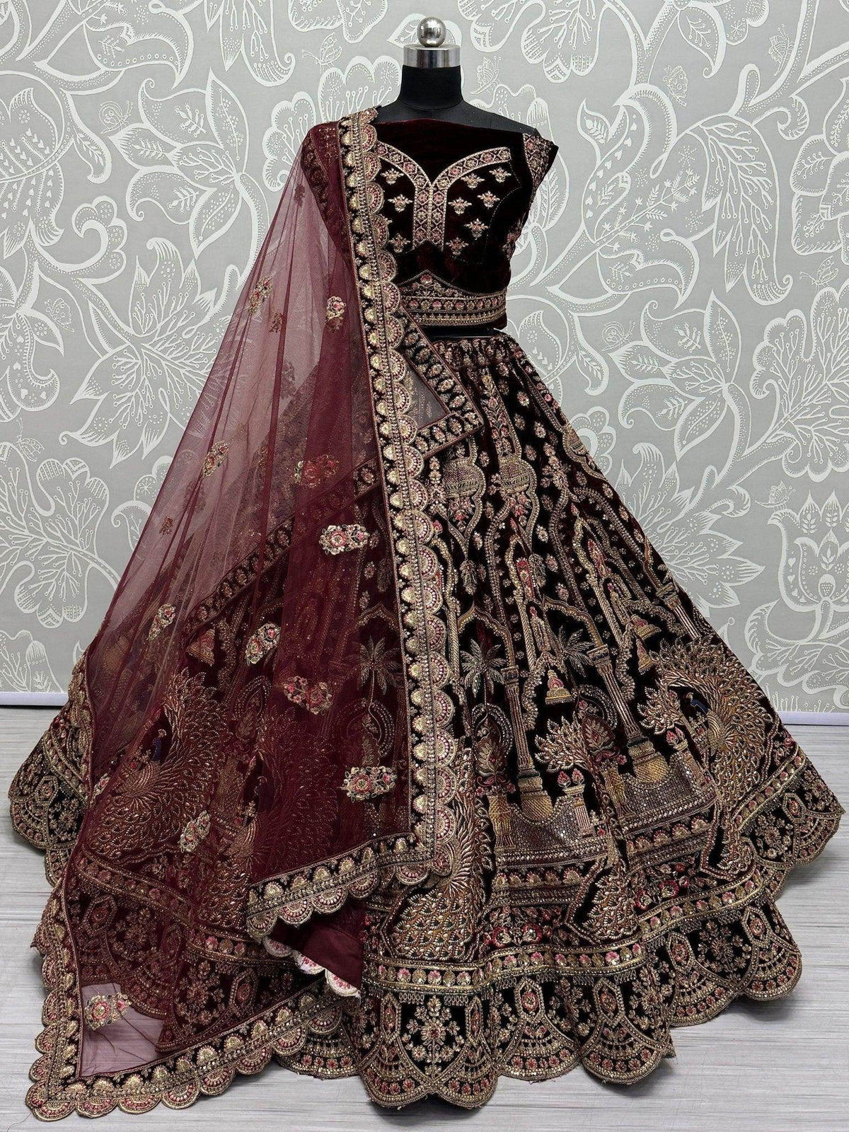 Adorable Dark Maroon Velvet Bridal Lehenga Choli With Double Dupatta - Ethnic Plus In