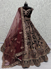 Adorable Dark Maroon Velvet Bridal Lehenga Choli With Double Dupatta - Ethnic Plus In