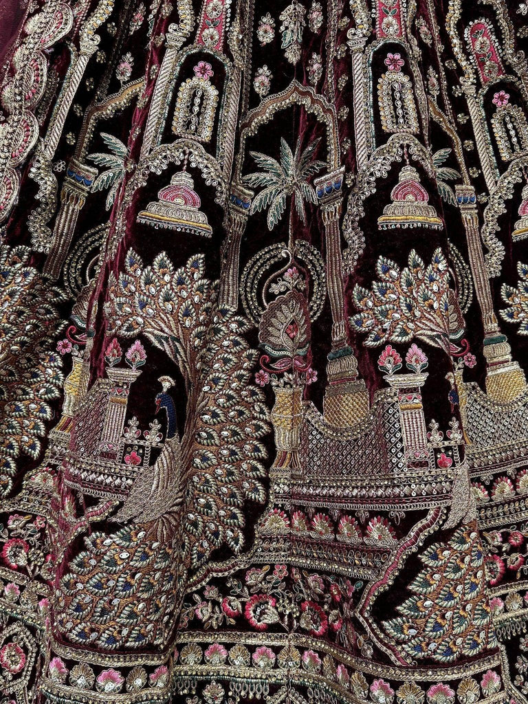 Adorable Dark Maroon Velvet Bridal Lehenga Choli With Double Dupatta - Ethnic Plus In