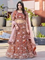 Adorable Dark Orange Sequins Wedding Lehenga Choli With Net Dupatta