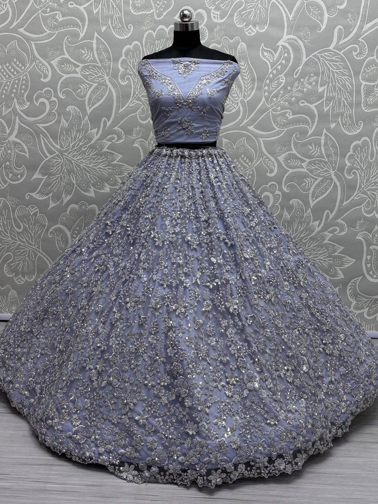 Adorable Dusty Blue Sequins Work Net Bridesmaid Lehenga Choli - Ethnic Plus In