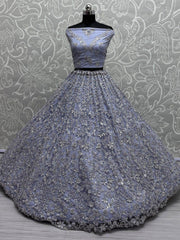 Adorable Dusty Blue Sequins Work Net Bridesmaid Lehenga Choli - Ethnic Plus In