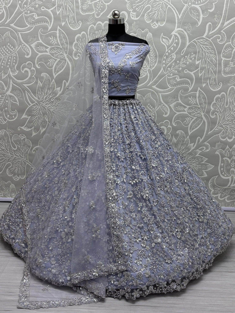 Adorable Dusty Blue Sequins Work Net Bridesmaid Lehenga Choli - Ethnic Plus In
