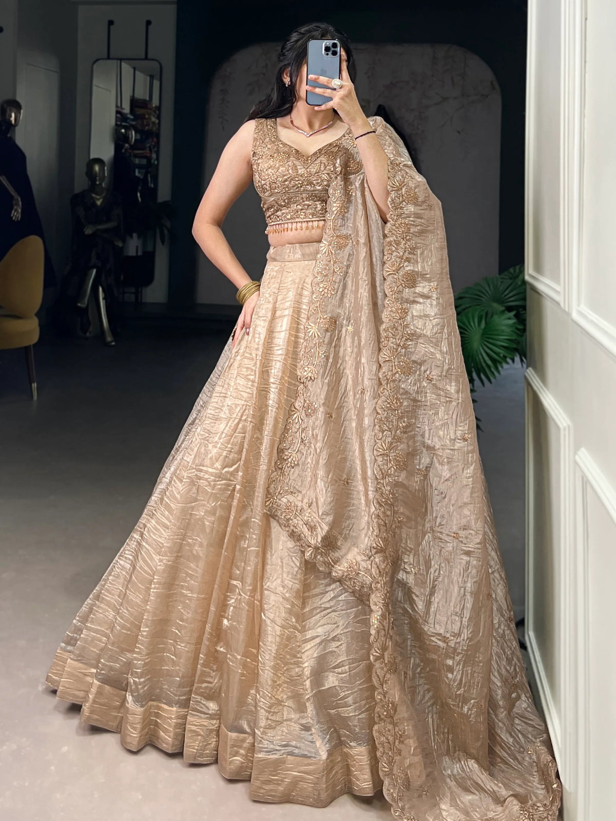 Adorable Golden Organza Thread Work Festive Wear Lehenga Choli - Ethnic Plus In