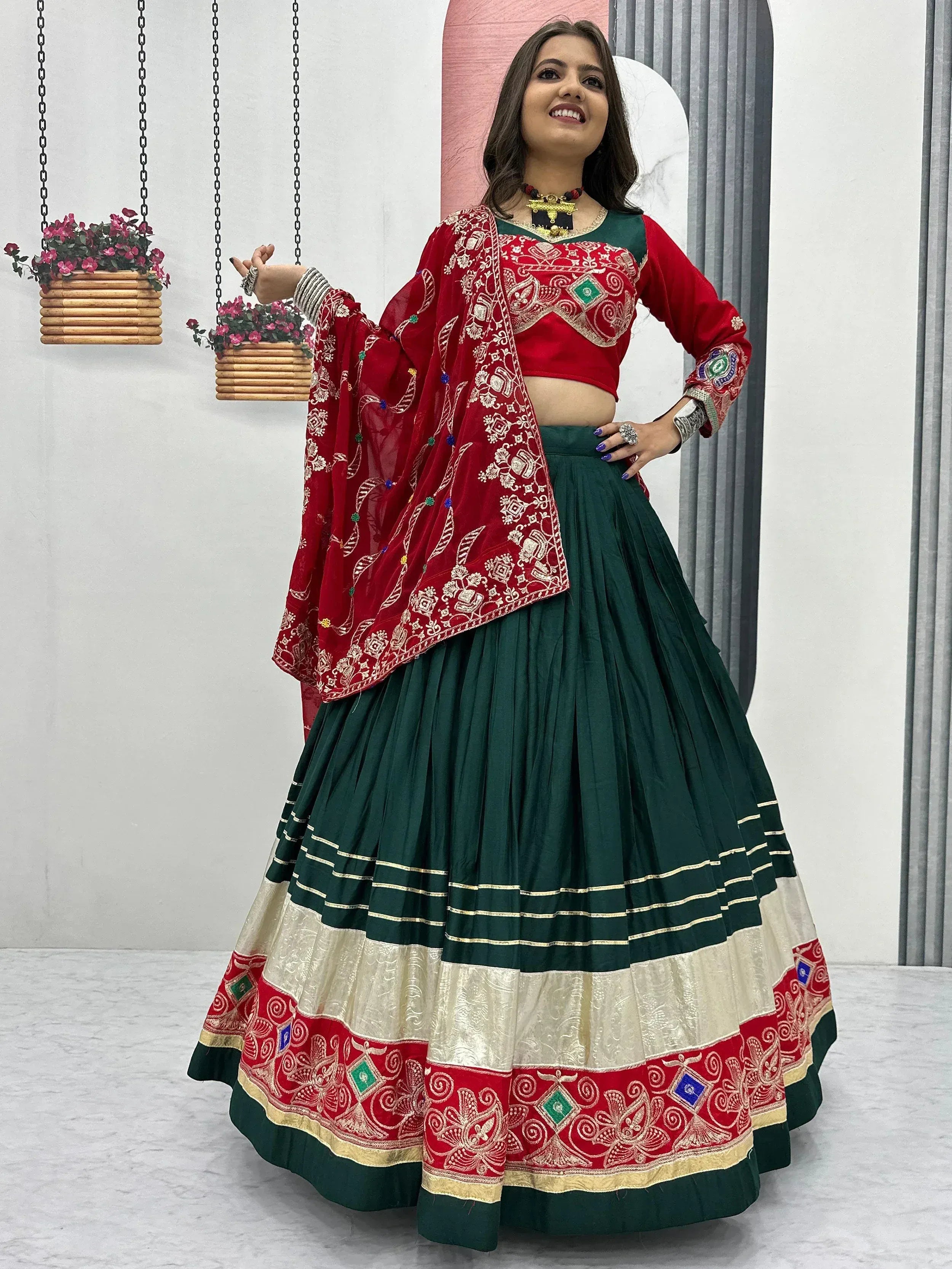 Red and green embroidered lehenga choli with dupatta, Indian ethnic wear for women