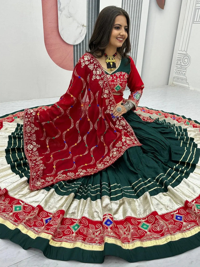 Adorable Green Cotton Embroidered Navratri Wear Lehenga Choli - Ethnic Plus In