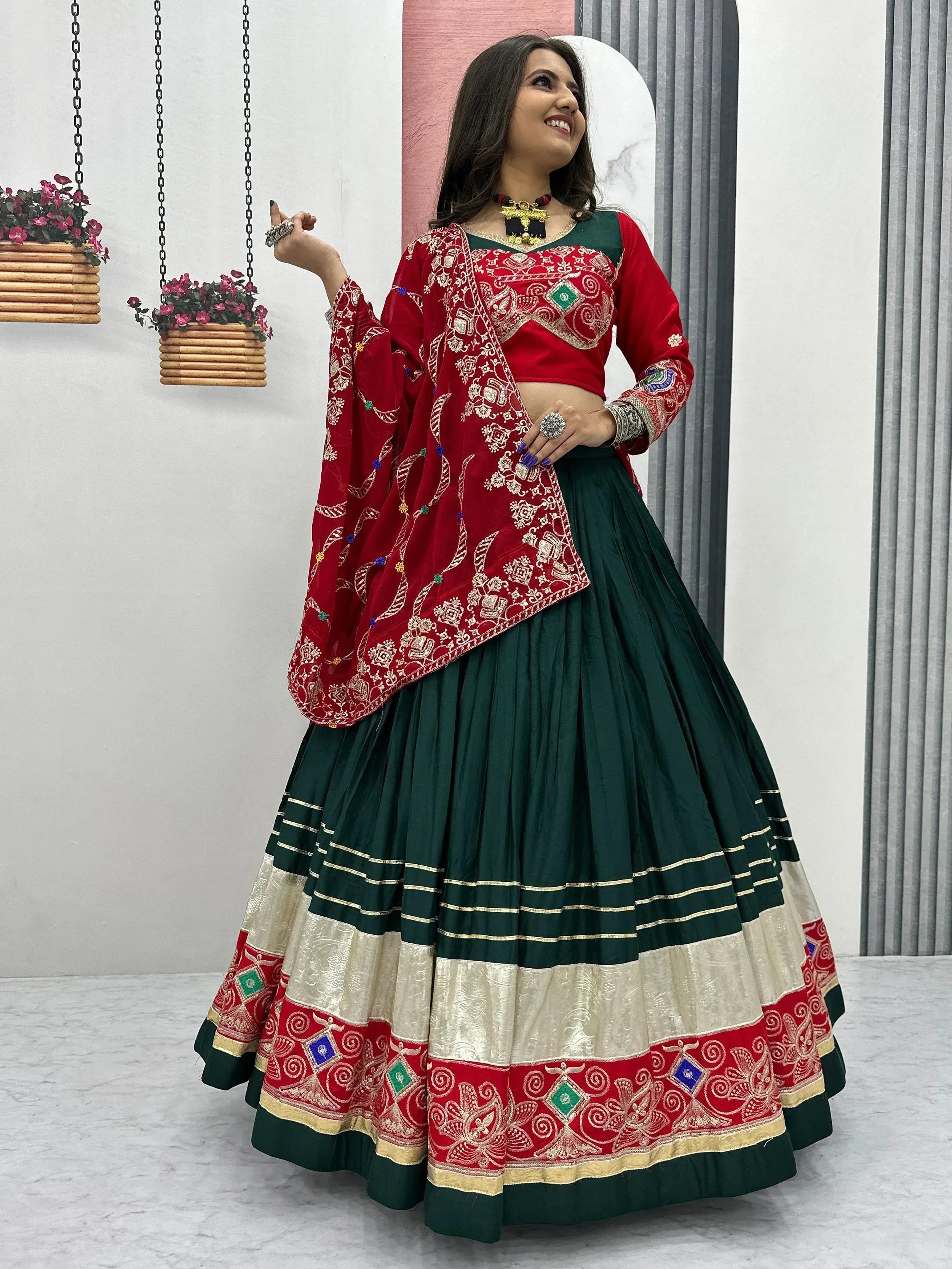 Red and green embroidered lehenga choli with dupatta, Indian ethnic wear for women