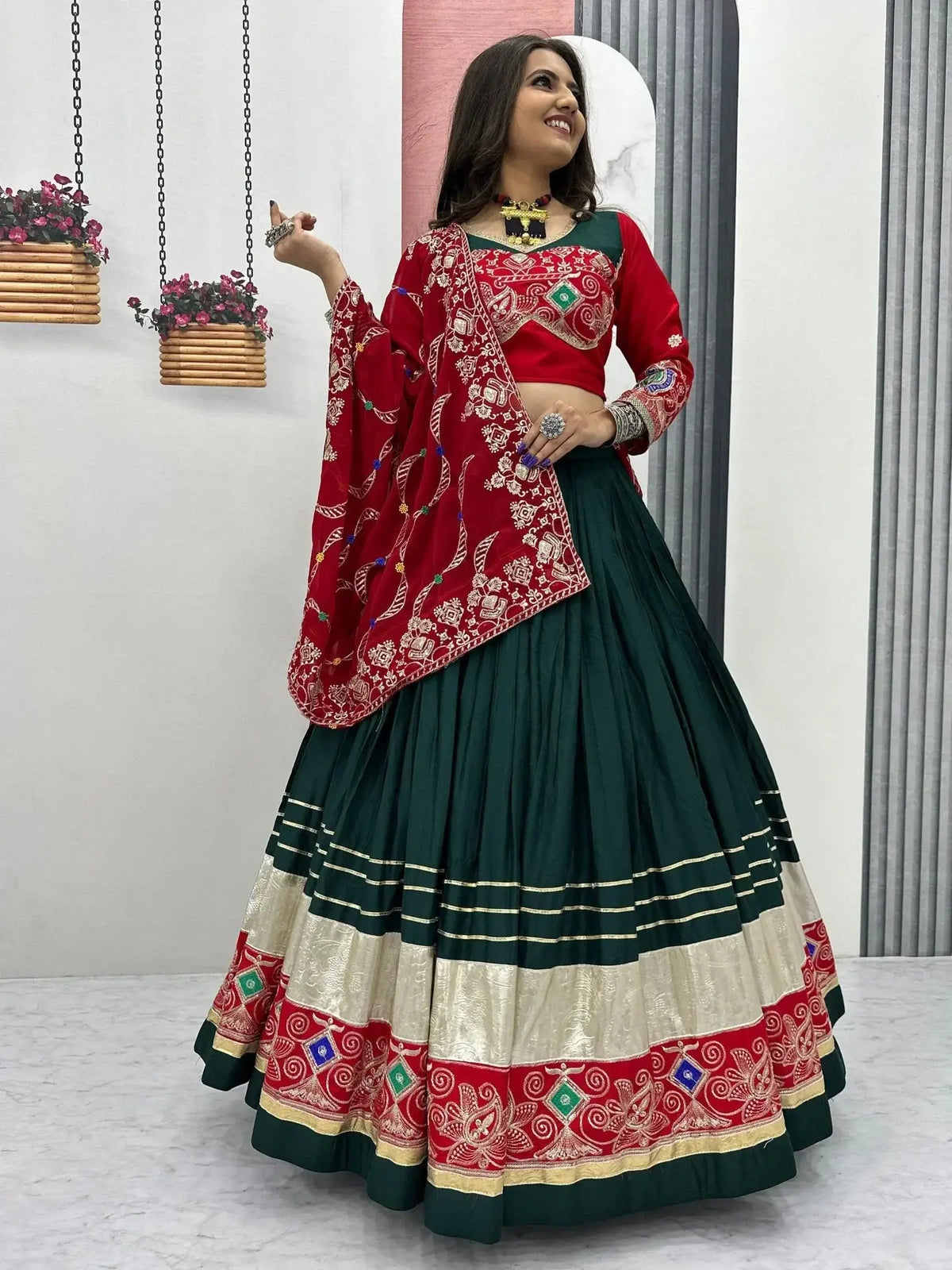 Adorable Green Cotton Embroidered Navratri Wear Lehenga Choli - Ethnic Plus In
