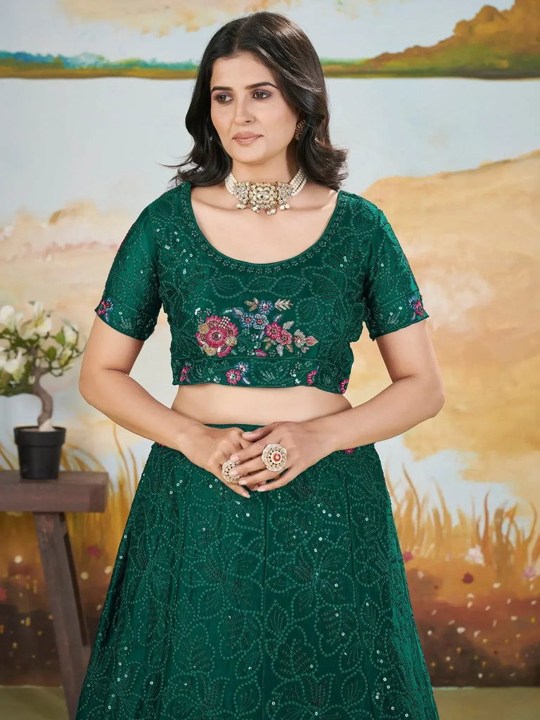 Adorable Green Sequins Chinon Wedding Lehenga Choli With Dupatta - Ethnic Plus In