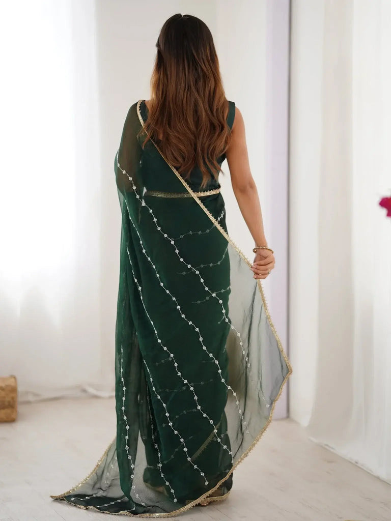 Adorable Green Sequins Designer Saree With Blouse - Ethnic Plus In