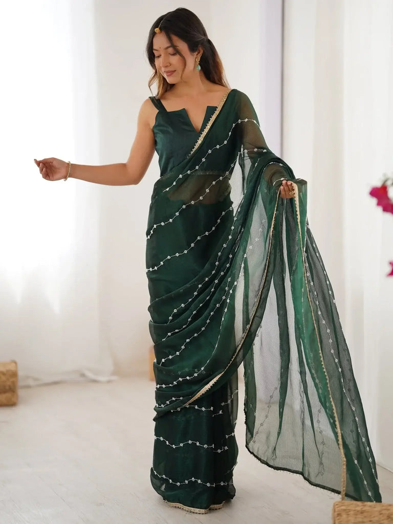 Adorable Green Sequins Designer Saree With Blouse - Ethnic Plus In