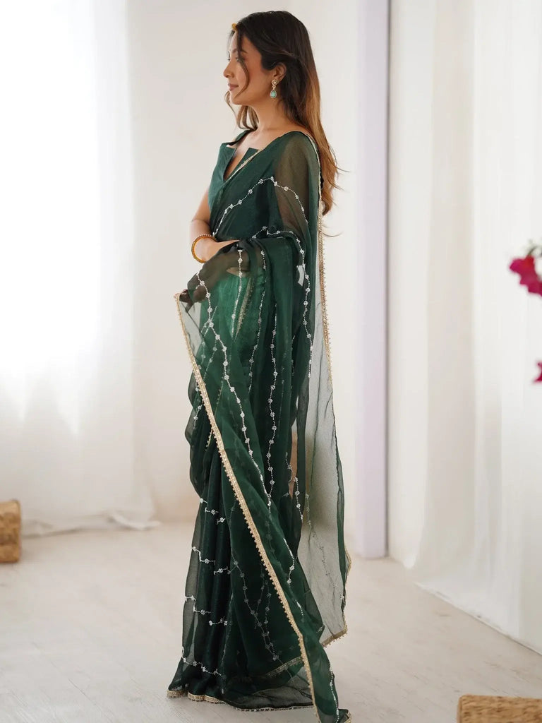 Adorable Green Sequins Designer Saree With Blouse - Ethnic Plus In