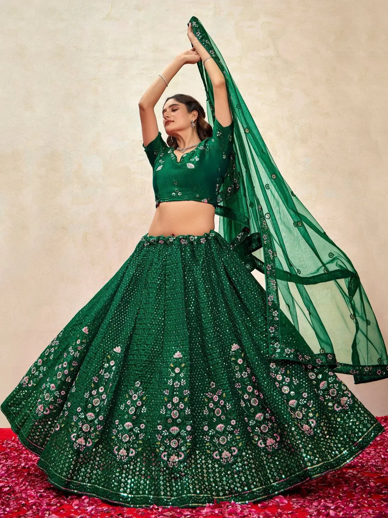Adorable Green Sequins Net Mehendi Wear Lehenga Choli With Dupatta - Ethnic Plus In