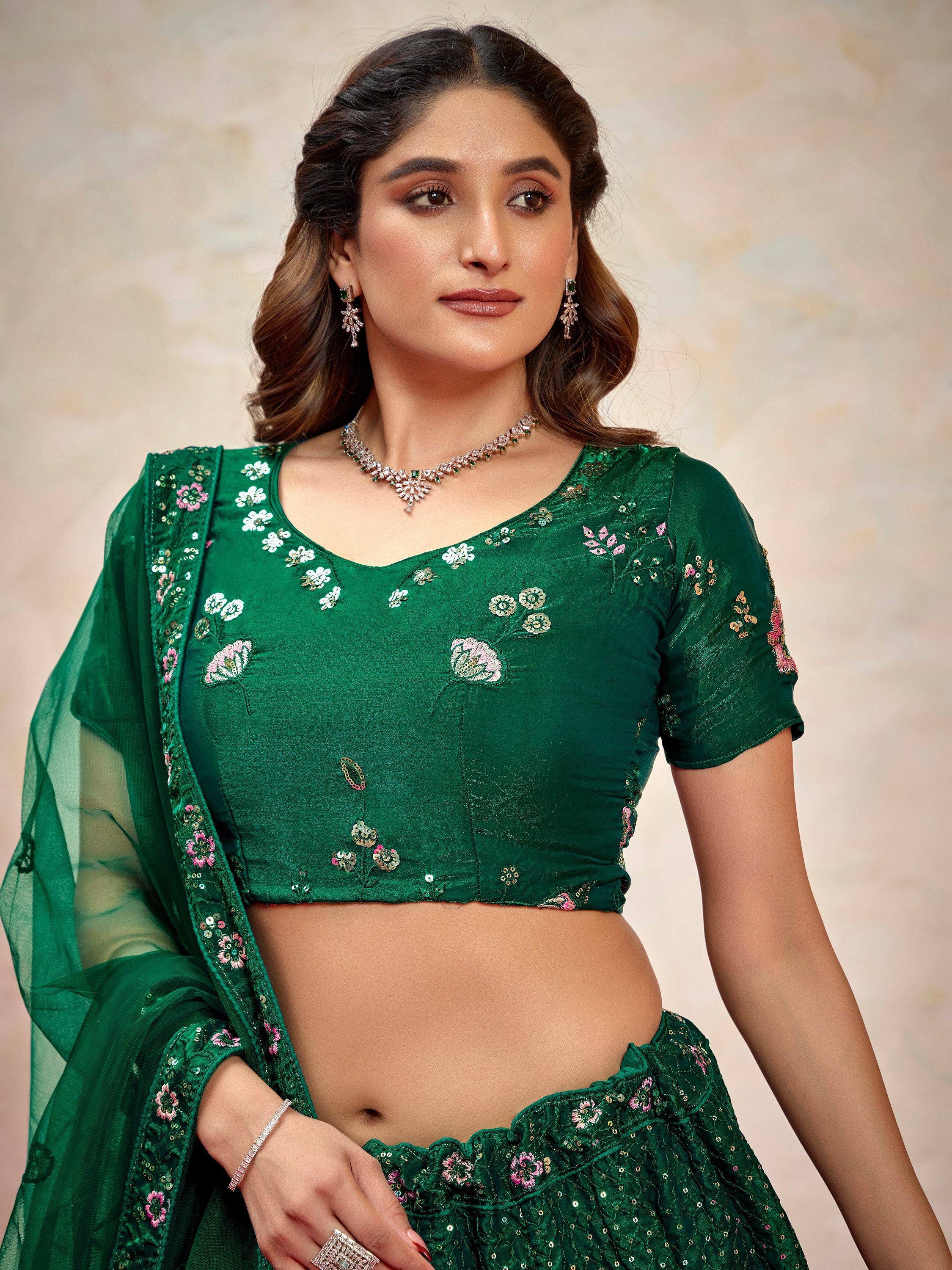 Emerald green embroidered lehenga choli with floral sequin work, perfect for Indian ethnic occasions