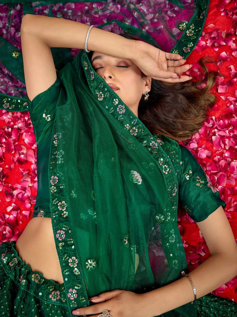 Adorable Green Sequins Net Mehendi Wear Lehenga Choli With Dupatta - Ethnic Plus In