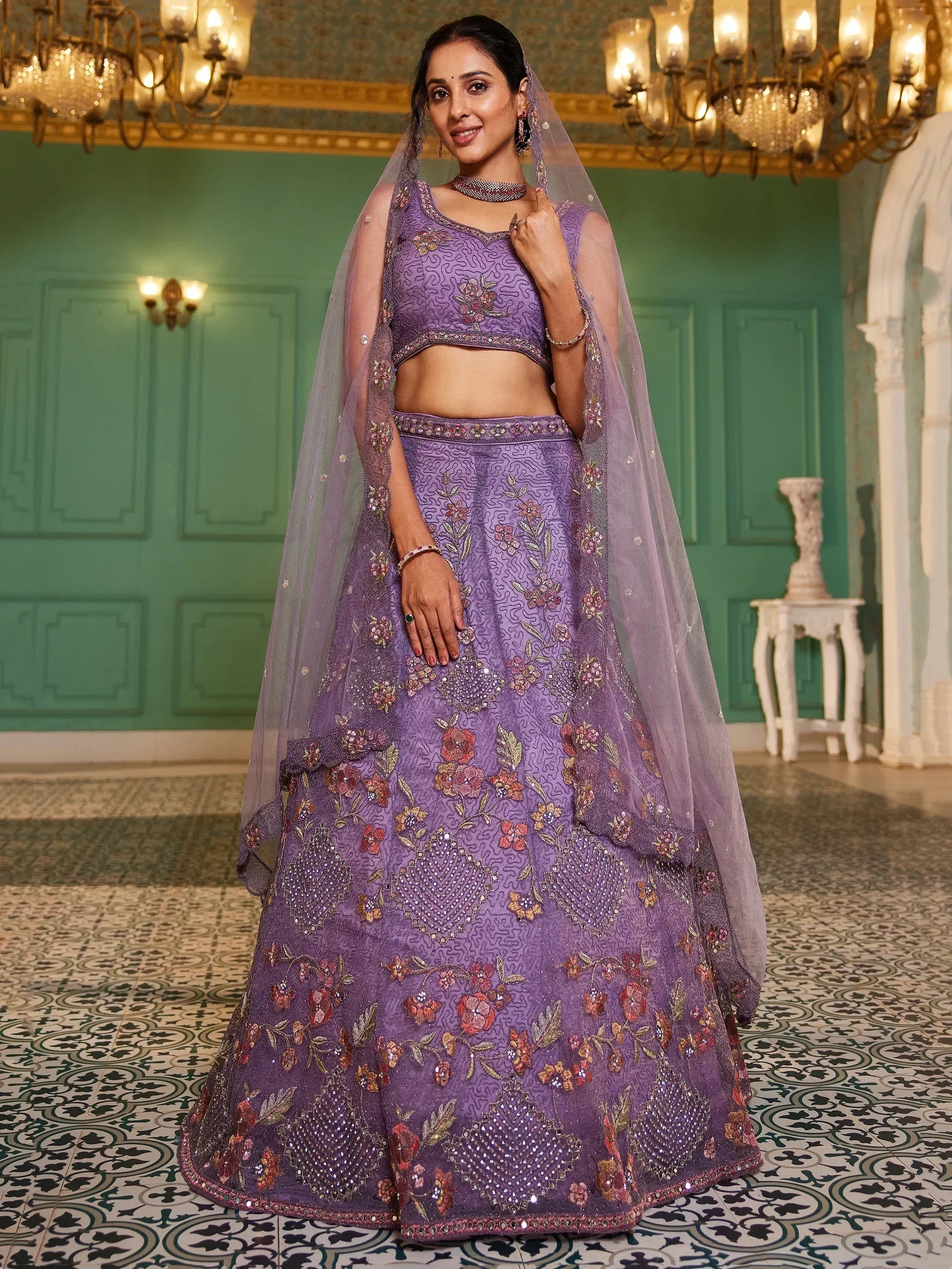 Purple floral embroidered lehenga choli with dupatta, Indian ethnic wear for weddings and parties