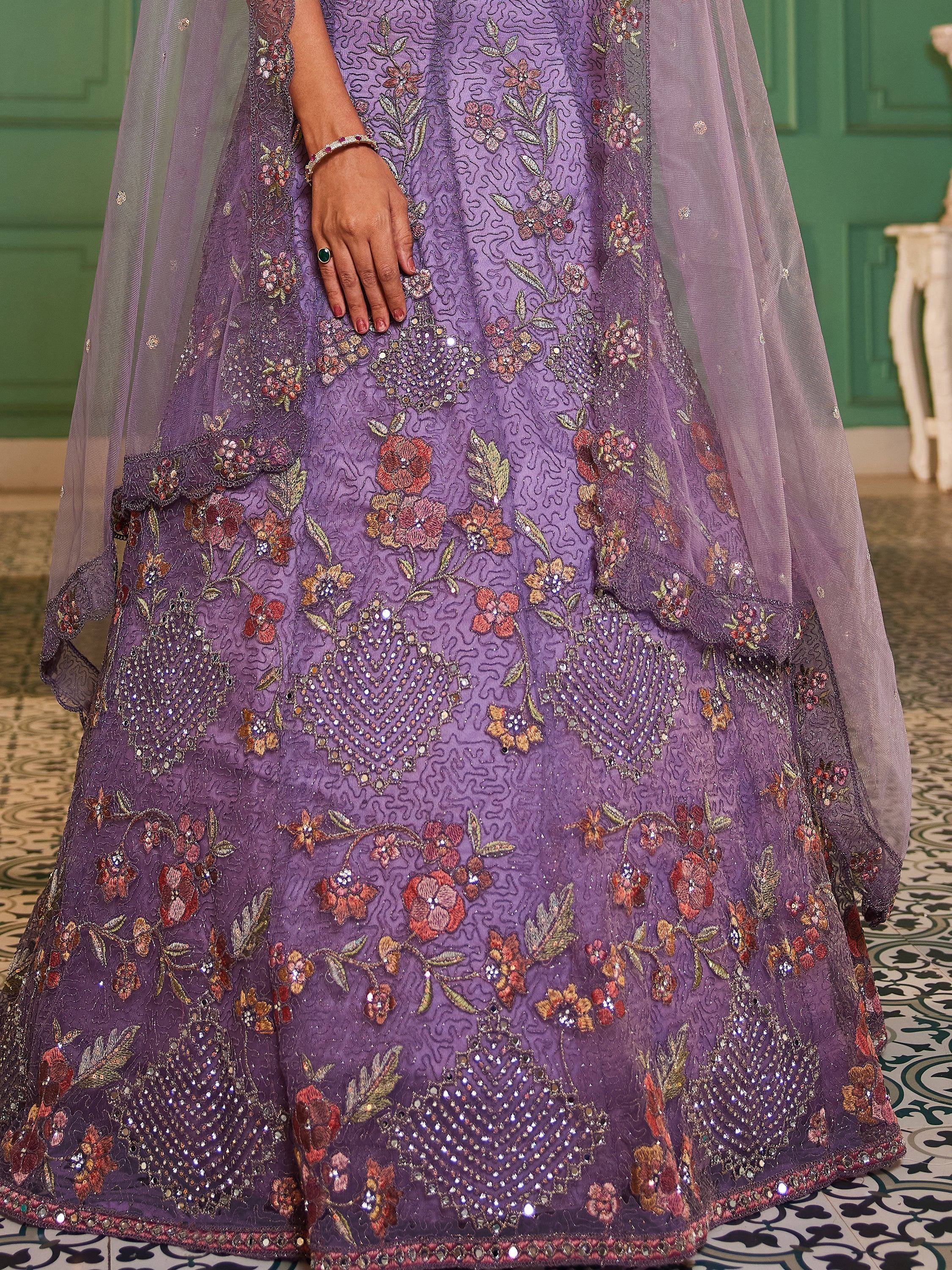 Purple embroidered lehenga with floral motifs and sequin detailing, perfect for Indian ethnic wear.