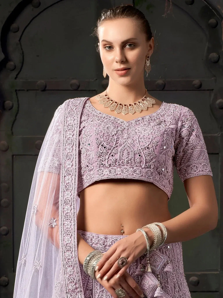 Adorable Lavender Zarkan Net Designer Lehenga Choli With Dupatta - Ethnic Plus In