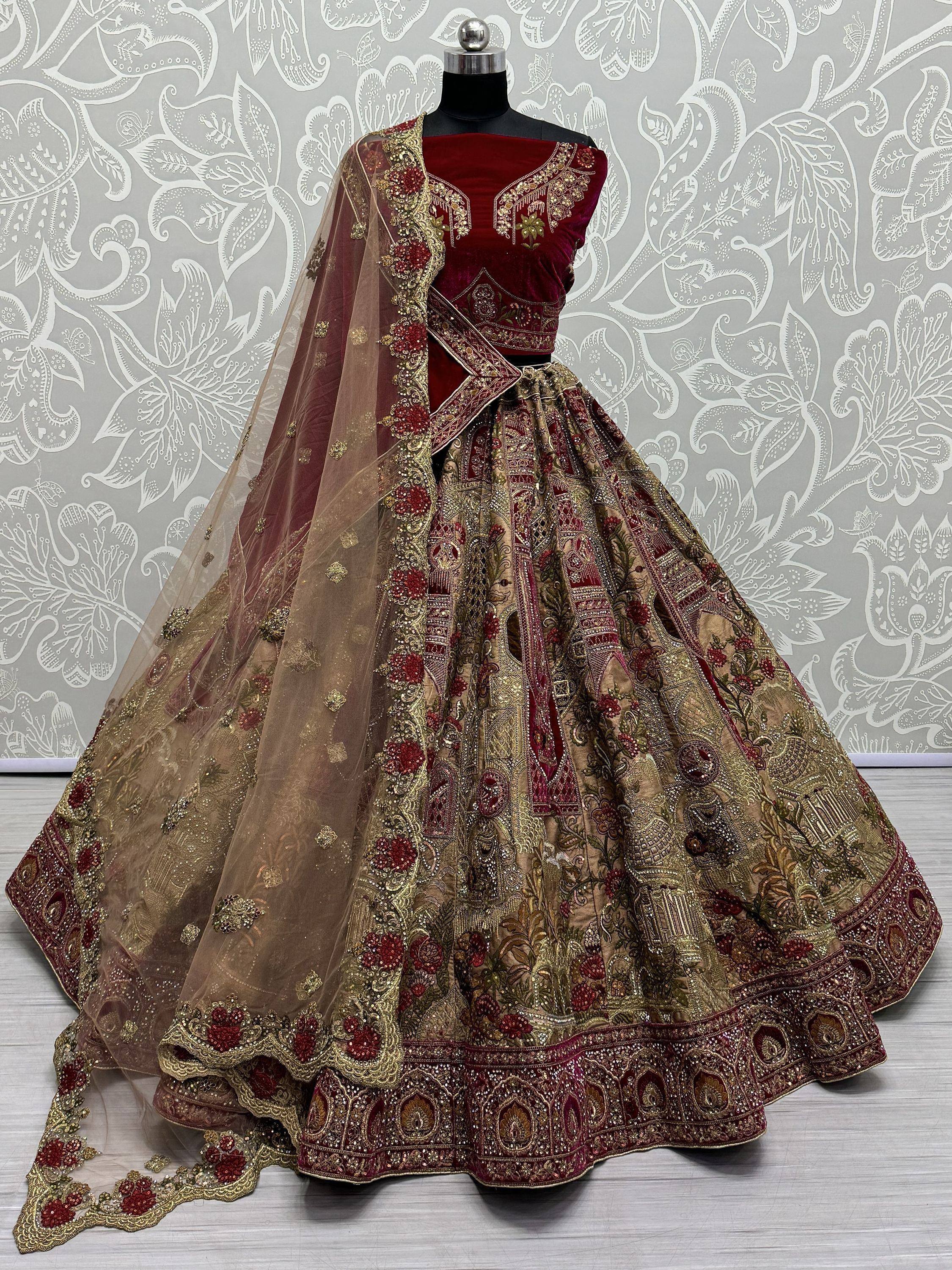 Maroon and gold embroidered lehenga choli with net dupatta, Indian ethnic wear for weddings