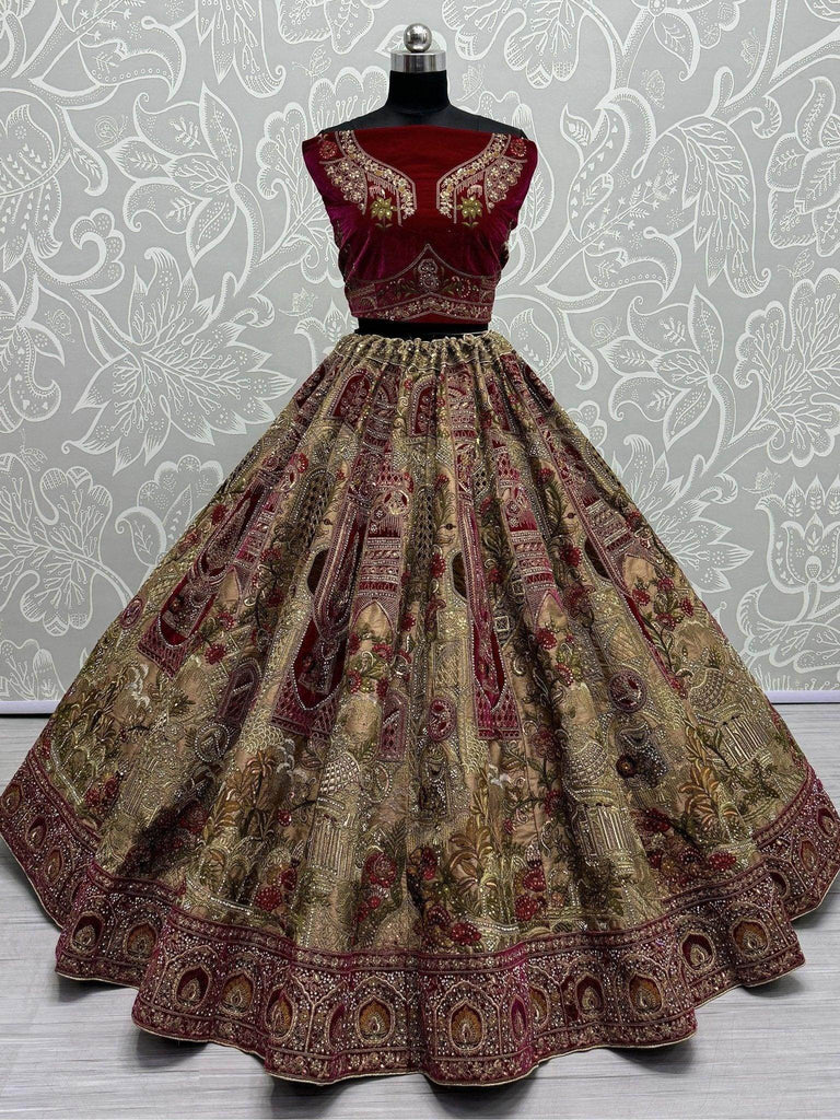 Adorable Maroon & Golden Velvet Bridal Lehenga Choli With Dupatta - Ethnic Plus In