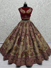 Adorable Maroon & Golden Velvet Bridal Lehenga Choli With Dupatta - Ethnic Plus In