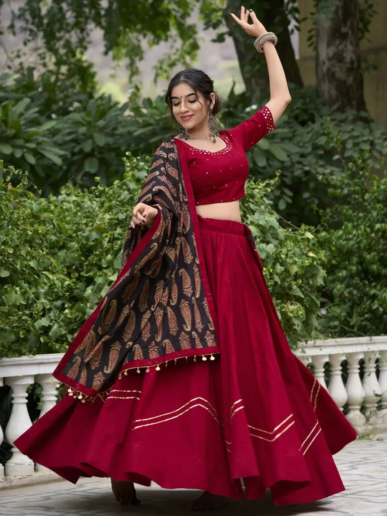 Adorable Maroon Mirror Work Navratri Wear Lehenga Choli With Dupatta - Ethnic Plus In