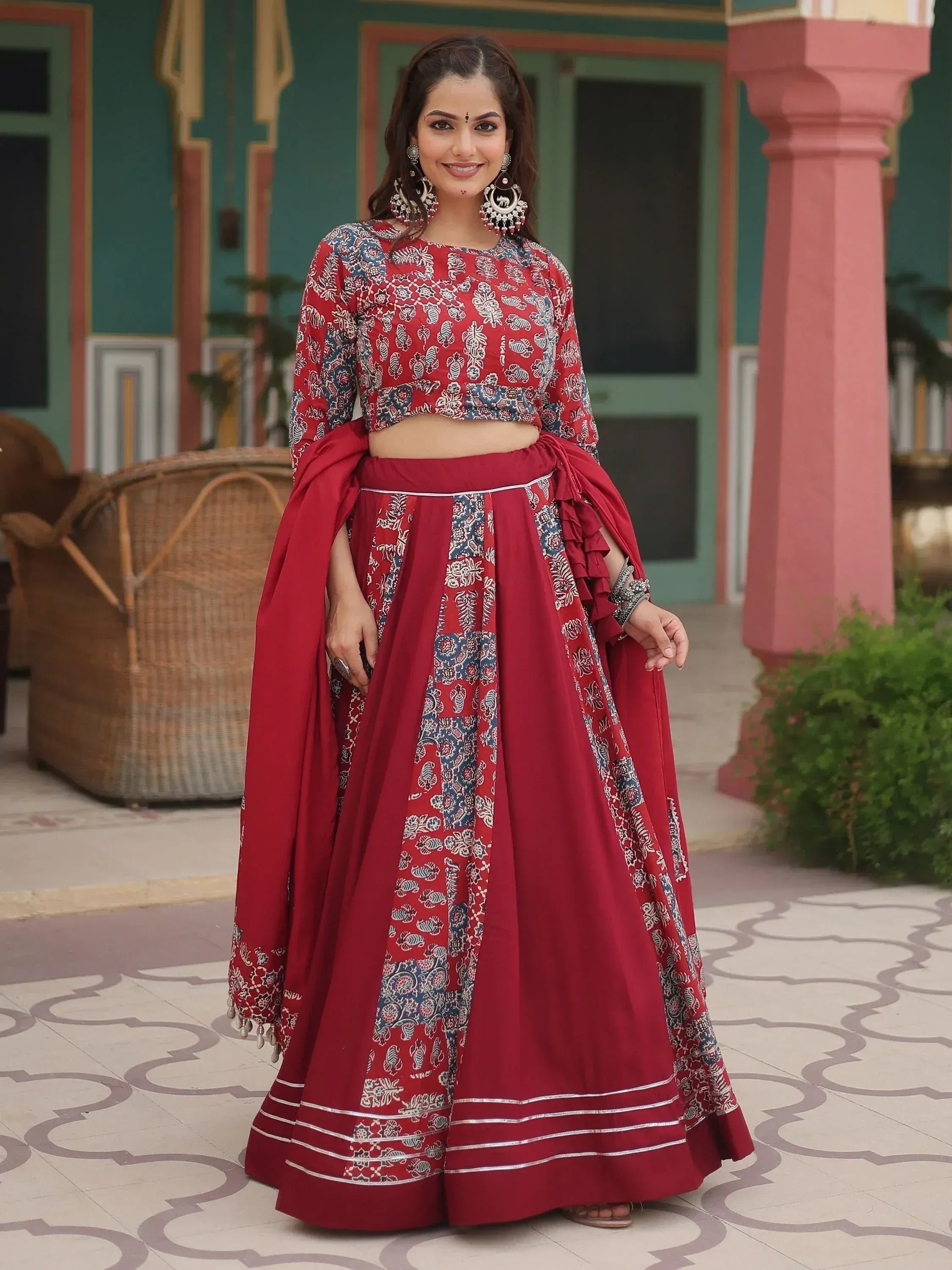 Red and blue printed lehenga choli with ruffled dupatta, ethnic Indian wear for women