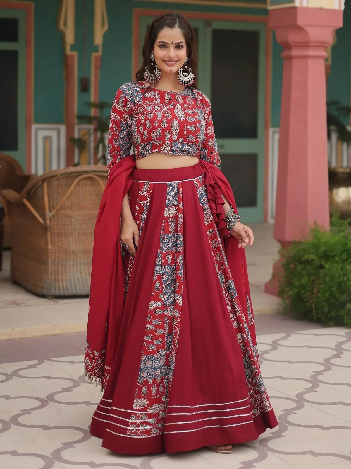Adorable Maroon Printed Rayon Navratri Wear Lehenga Choli With Dupatta - Ethnic Plus In