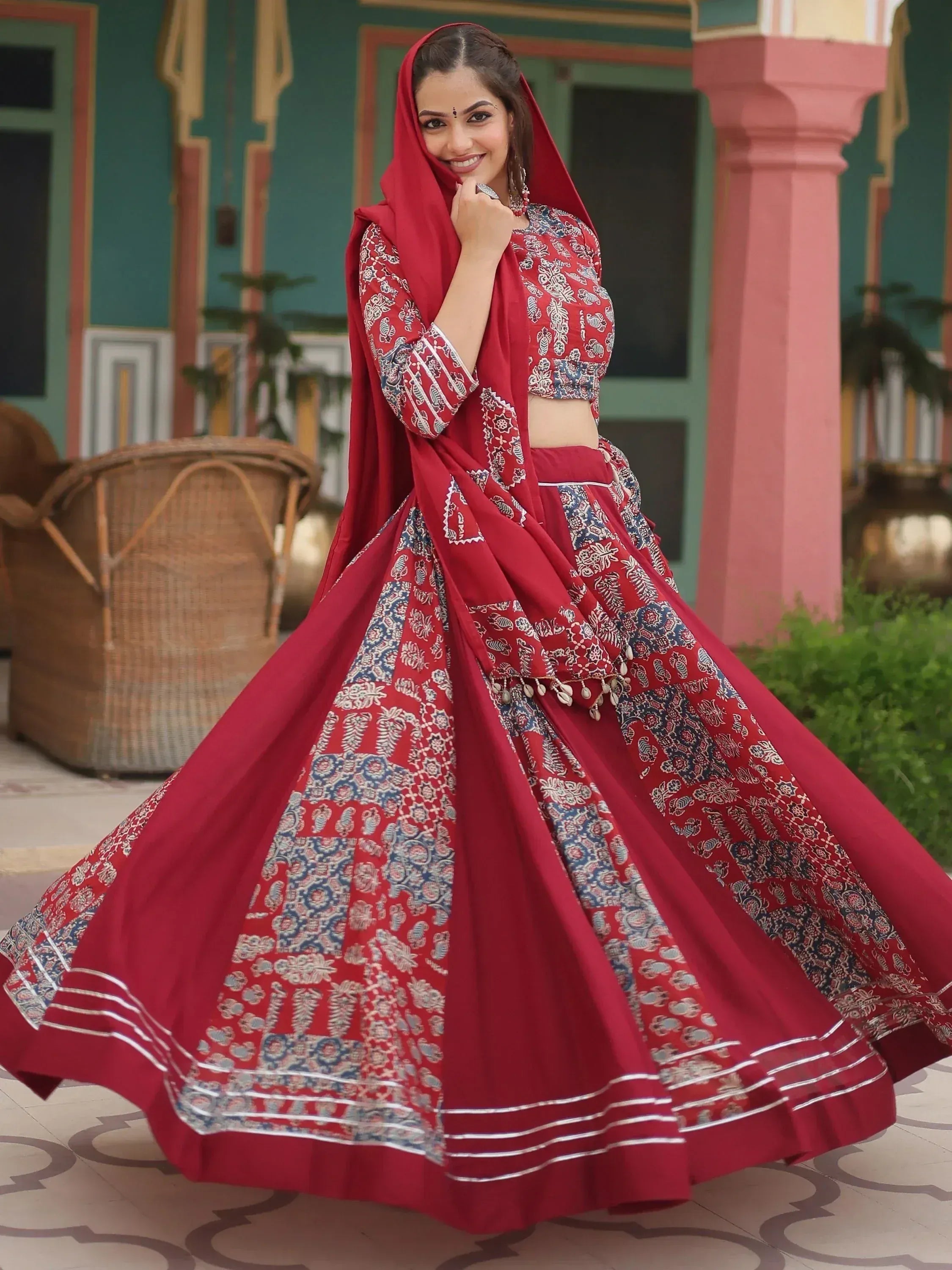 Red printed lehenga choli with dupatta, ethnic Indian wear for women
