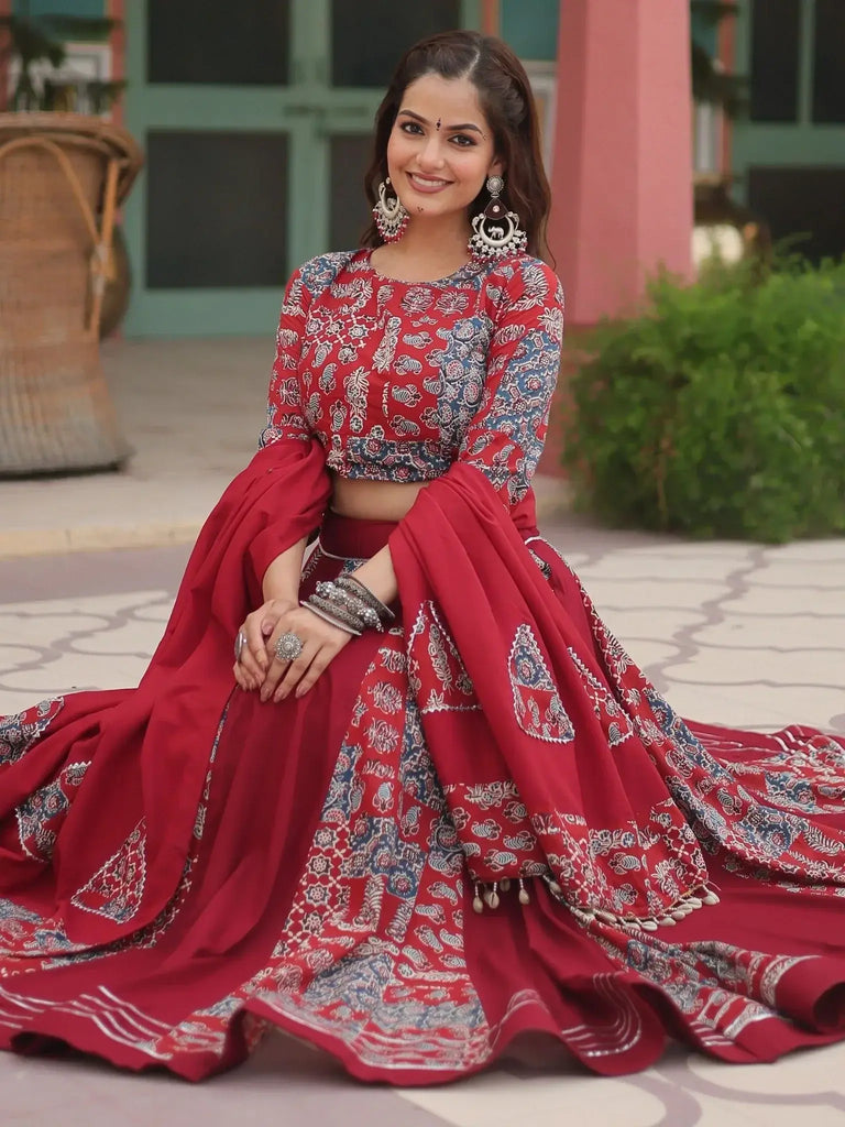 Adorable Maroon Printed Rayon Navratri Wear Lehenga Choli With Dupatta - Ethnic Plus In