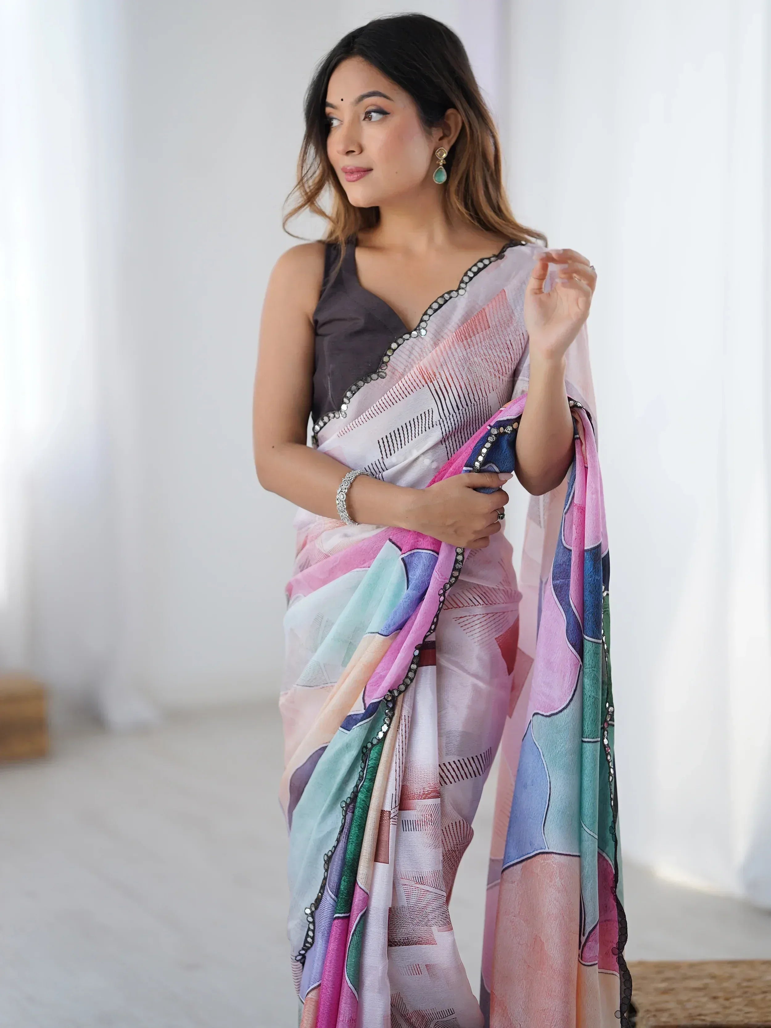 Adorable Multi Color Digital Printed Chinon Saree With Blouse - Ethnic Plus In