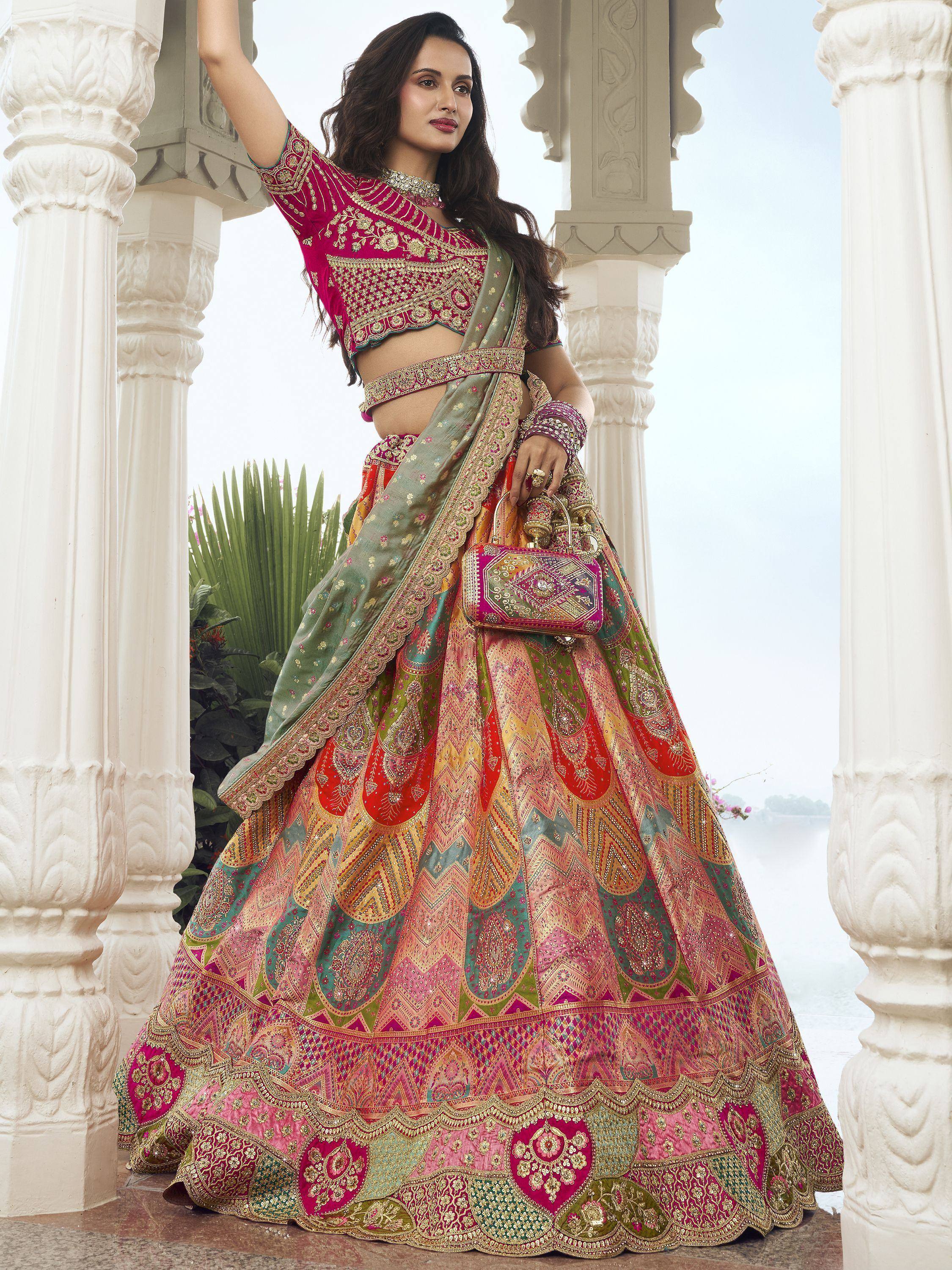Designer lehenga choli with intricate embroidery, vibrant colors, and matching dupatta for Indian ethnic wear