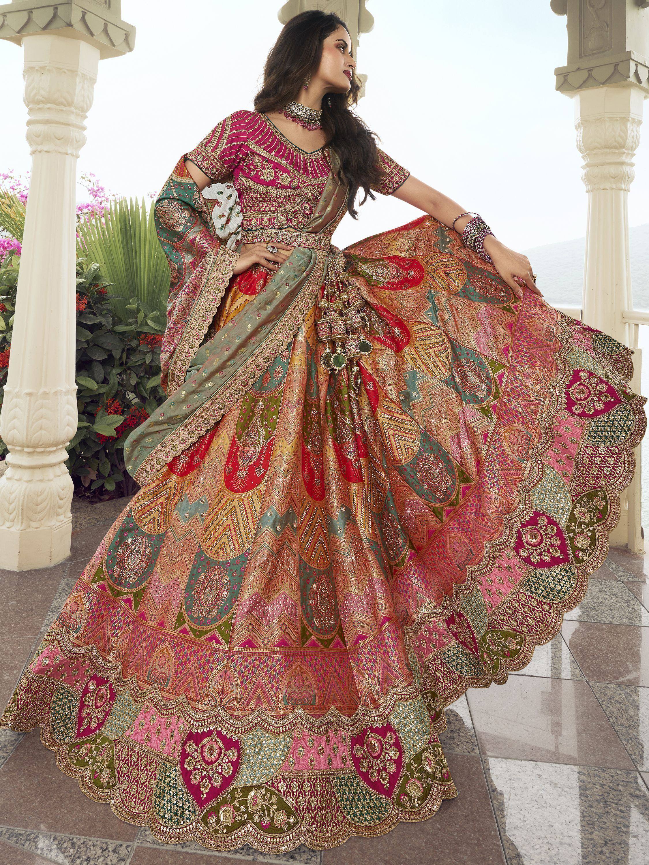 Designer lehenga choli with intricate embroidery and vibrant colors, perfect for Indian ethnic wear