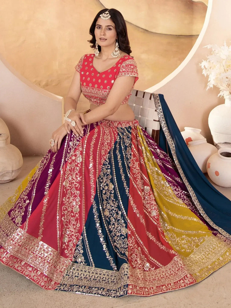 Adorable Multi - Color Sequins Georgette Lehenga Choli With Dupatta - Ethnic Plus In