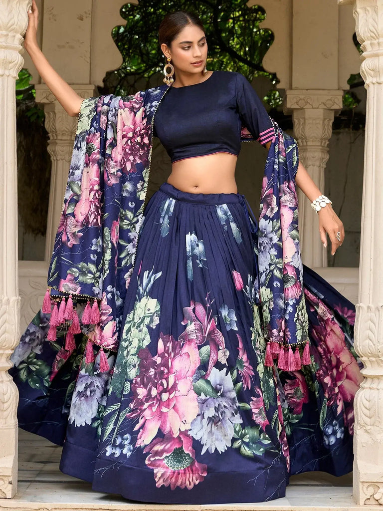 Adorable Navy Blue Floral Printed Silk Event Wear Lehenga Choli - Ethnic Plus In