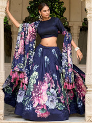 Adorable Navy Blue Floral Printed Silk Event Wear Lehenga Choli - Ethnic Plus In