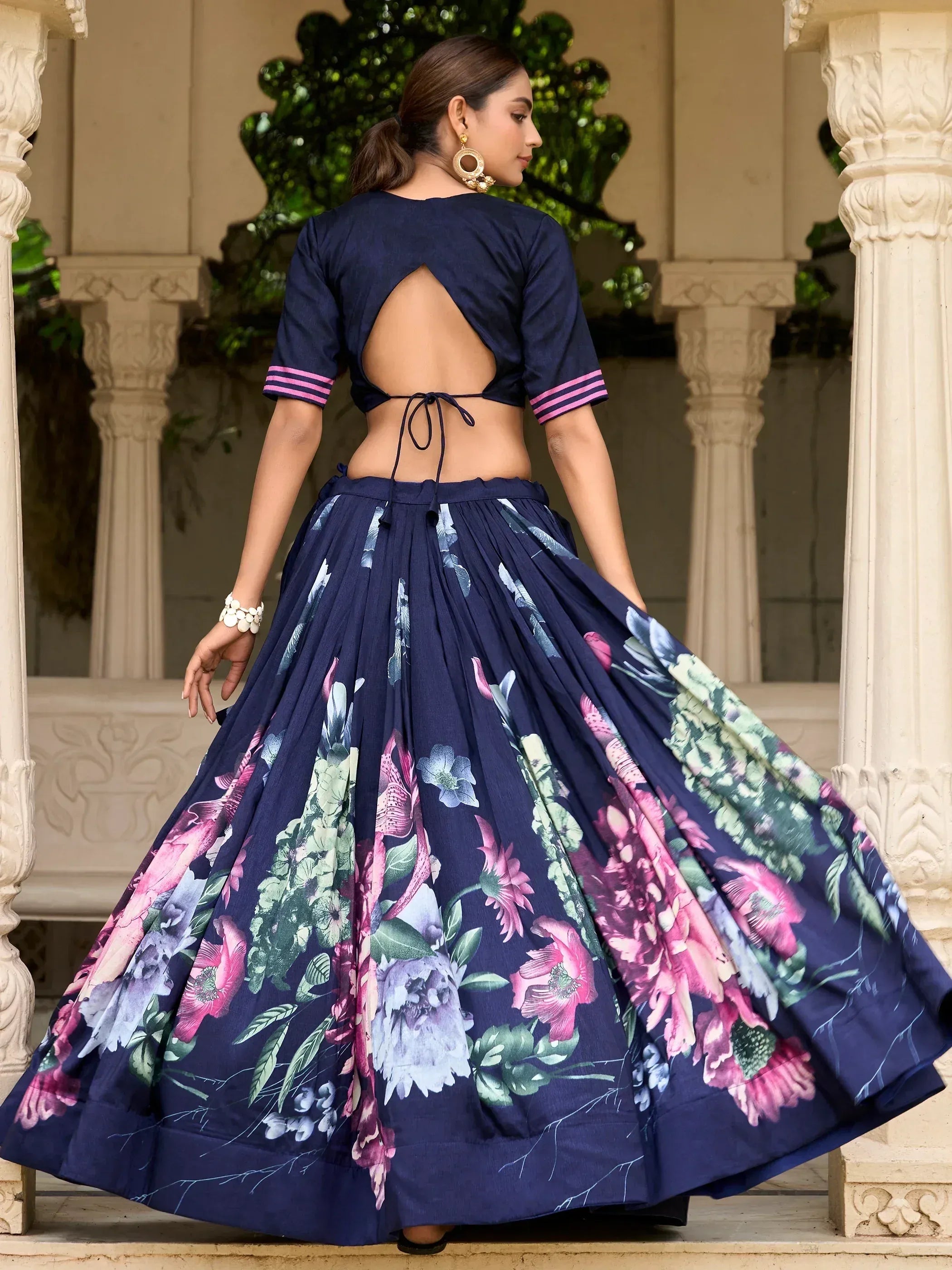 Navy blue floral lehenga choli with back cutout, perfect for Indian ethnic wear occasions