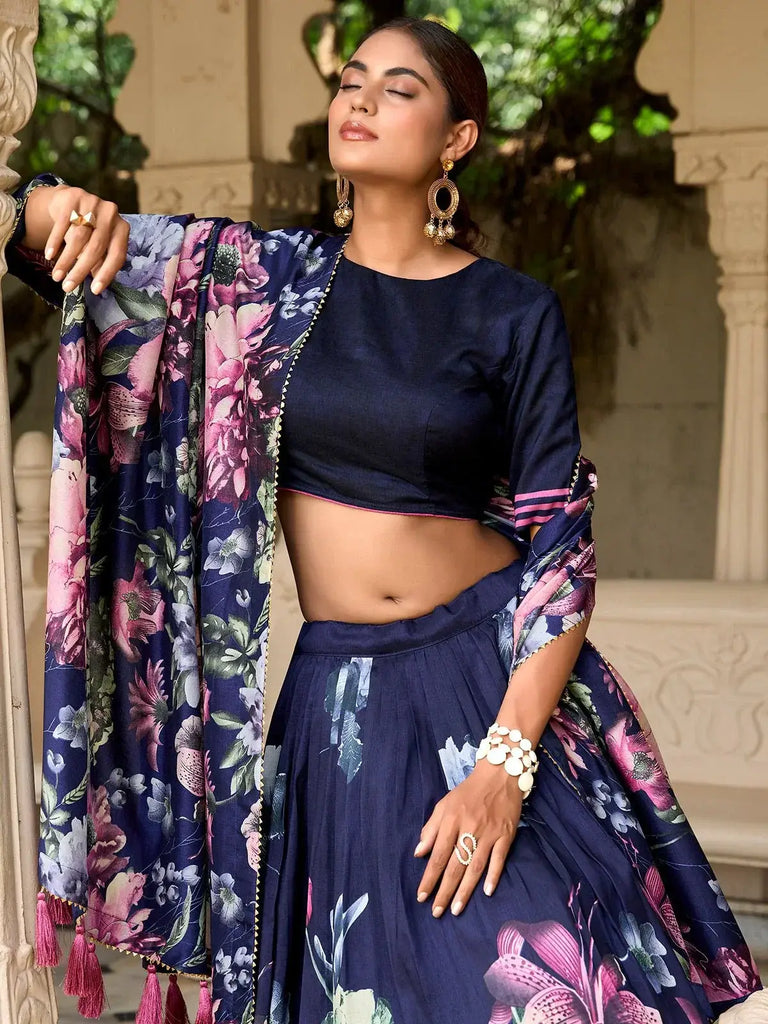 Adorable Navy Blue Floral Printed Silk Event Wear Lehenga Choli - Ethnic Plus In